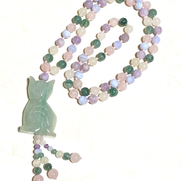 Green Aventurine Serious Cat Long Tassel Necklace,Genuine Multi-colored Gemstone - Picture 1 of 14